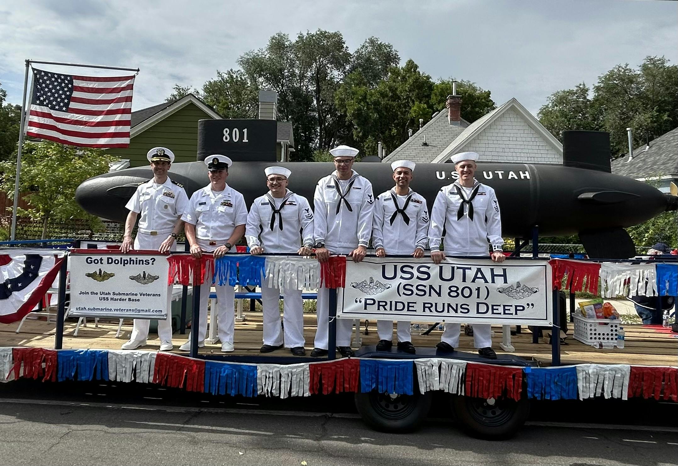 Captain Kos and crew pictured aboard USS Utah parade float at Days of 47 Parade.
